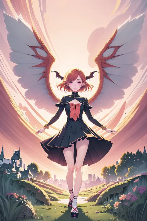 (masterpiece, best_quality, ultra-detailed, immaculate:1.3), epic, illustration, 1girl, (boring Pastel Academia:1.3) cute succubus, wings, full body, [:revealing costume design,:0.2], official art, korean, dramatic light red-orange lighting , in a  spring meadow, bombshell hair, rainbow hair, Lob Cut,bob cut, knees together feet apart<lora:EnvyBeautyMix25:1>