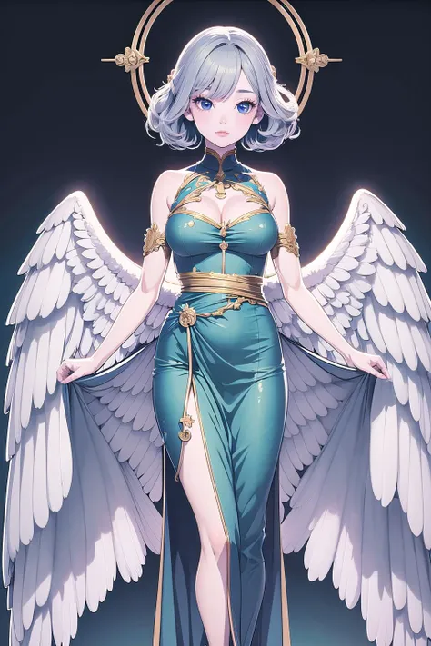 (masterpiece, best_quality, ultra-detailed, immaculate:1.3), epic, illustration, welcoming, 1girl, harpy, silver hair, bombshell hime cut,Ringlet Curls, (full body:1), [:revealing costume design:0.2], (african, dark skin:0.6), gradient background, in a  workshop, bombshell hair, pastel blue-grey hair, bob cut, arm behind head<lora:EnvyBeautyMix25:1>