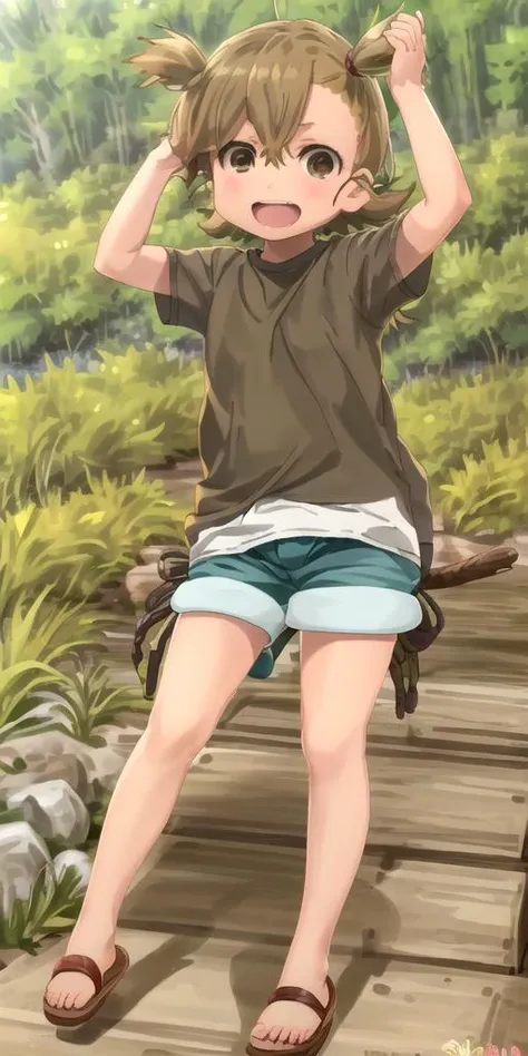 absolutely-impressive-lifelike-photo-realistic, outdoors, <lora:Naru1:1> child, naru1, sandals, shirt, shorts, outdoors-in-wild-nature