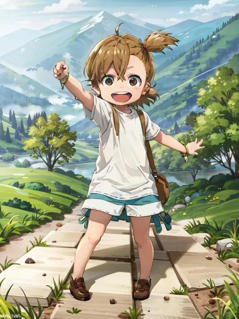 (((picture-perfect))) (toddler-sized child, alps in background, nature, 1girl, solo, full body) (((overinsanely delighted loveliness overload)))   (<lora:Naru1 als trigger:1>naru1)