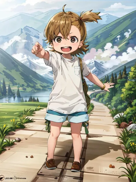 (((picture-perfect))) (toddler-sized child, alps in background, nature, 1girl, solo, full body) (((overinsanely delighted loveliness overload)))   (<lora:Naru1 als trigger:1>naru1)