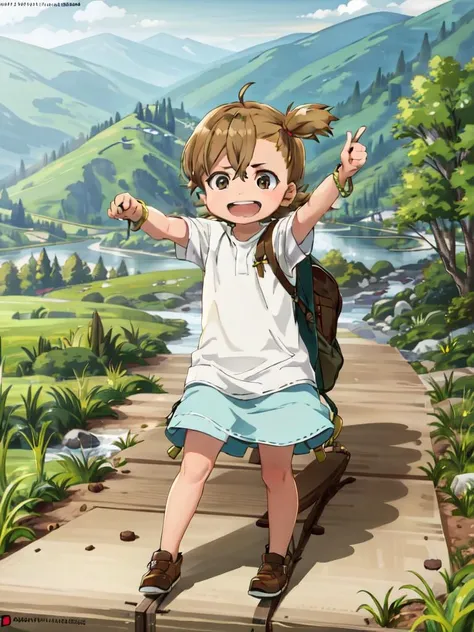 (((picture-perfect))) (toddler-sized child, alps in background, nature, 1girl, solo, full body) (((overinsanely delighted loveliness overload))) (<lora:Naru1 als trigger:1>naru1)