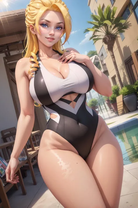 (extremely detailed fine touch:1.2), (natural light, sun light, light rays, dappled light, reflection, shadows, ray tracing:1.2), mature female, masterpiece, best quality, highly quality , <lora:Sayaka_Midou:0.7> , MdSyk-KJ, (thighs:1.4), hourglass body , looking at viewer, , smile, (black swimsuit:1.2) , poolside,