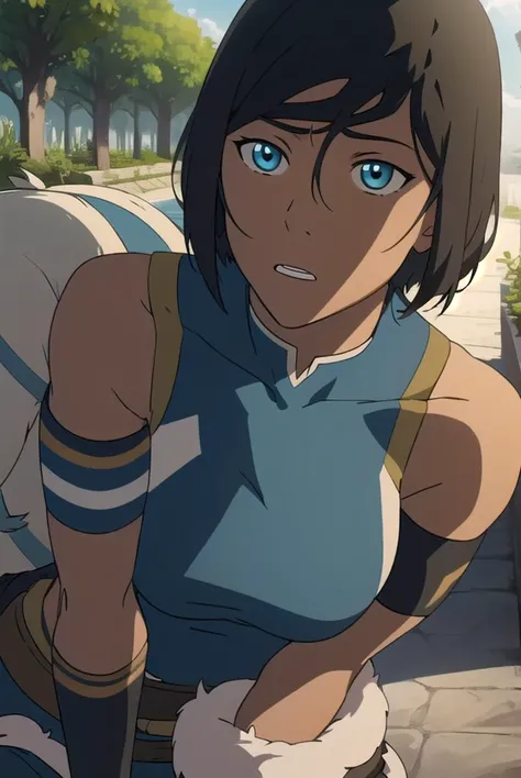 avatarkorra, <lyco:korrav2-lyco-nochekaiser:1>,
shkorra, korra, short hair, blue eyes, black hair, dark skin, dark-skinned female,
BREAK pants, armband, green pants, bare shoulders,
BREAK looking at viewer,
BREAK outdoors,
BREAK <lyco:GoodHands-beta2:1>, (masterpiece:1.2), best quality, high resolution, unity 8k wallpaper, (illustration:0.8), (beautiful detailed eyes:1.6), extremely detailed face, perfect lighting, extremely detailed CG, (perfect hands, perfect anatomy),