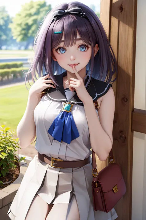 (masterpiece, best quality:1.2), <lyco:princessconnect_misora-11:1.0>, cowboy shot, solo, 1girl, pcmisora, smile, closed mouth, looking at viewer, hand in own hair, hairclip, hair ornament, shirt, black sailor collar, white skirt