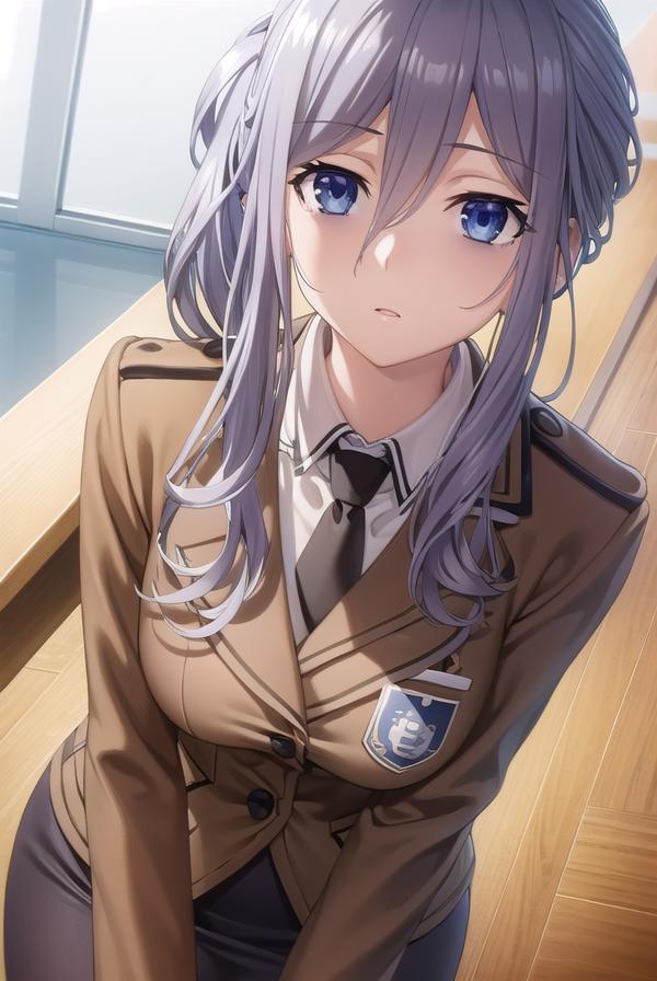 Anime girl in uniform sitting on a wooden floor with a window - SeaArt AI