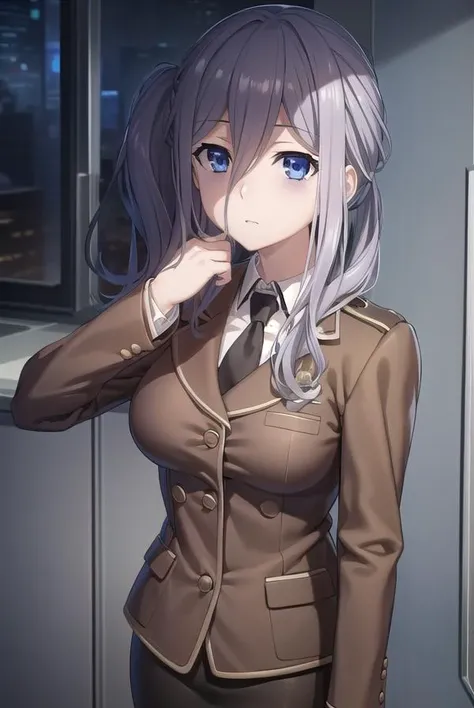 reinamurasame, <lora:reina murasame s2-lora-nochekaiser:1>,
reina murasame, long hair, blue eyes, grey hair, side ponytail, hair between eyes,
BREAK skirt, pantyhose, necktie, uniform, military, pencil skirt, brown uniform, black necktie, stuffed toy, stuffed animal, teddy bear,
BREAK indoors, classroom,
BREAK looking at viewer, (cowboy shot:1.5),
BREAK <lyco:GoodHands-beta2:1>, (masterpiece:1.2), best quality, high resolution, unity 8k wallpaper, (illustration:0.8), (beautiful detailed eyes:1.6), extremely detailed face, perfect lighting, extremely detailed CG, (perfect hands, perfect anatomy),