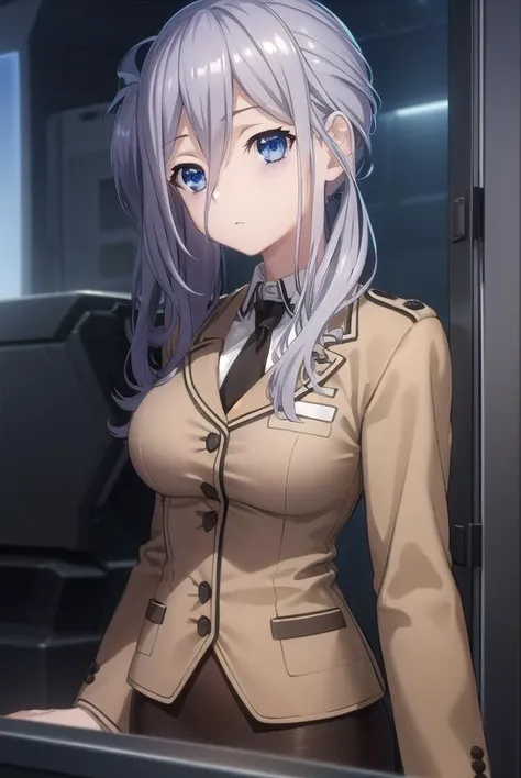 reinamurasame, <lora:reina murasame s2-lora-nochekaiser:1>,
reina murasame, long hair, blue eyes, grey hair, side ponytail, hair between eyes,
BREAK skirt, pantyhose, necktie, uniform, military, pencil skirt, brown uniform, black necktie, stuffed toy, stuffed animal, teddy bear,
BREAK indoors, classroom,
BREAK looking at viewer, (cowboy shot:1.5),
BREAK <lyco:GoodHands-beta2:1>, (masterpiece:1.2), best quality, high resolution, unity 8k wallpaper, (illustration:0.8), (beautiful detailed eyes:1.6), extremely detailed face, perfect lighting, extremely detailed CG, (perfect hands, perfect anatomy),