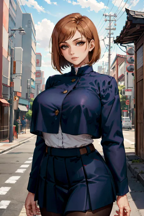 (masterpiece, best quality, ultra detailed, absurdres)1.5, 1girl, (sexy, beautiful woman, perfect face, perfect eyes, perfect female body, huge breasts)1.5, (nobara kugisaki, bob cut, brown hair, lips, short hair, belt, brown belt, brown pantyhose, crop top, crop top overhang, JUJUTSU TECH UNIFORM, jacket, gakuran, pantyhose, pleated skirt, shirt tucked in, skirt, blue skirt, blue crop top, <lora:Kugisaki_Nobara:0.8>), (standing, empty street, Japanese street, Japanese city in background, cloudy), perfect lighting, smooth, hdr