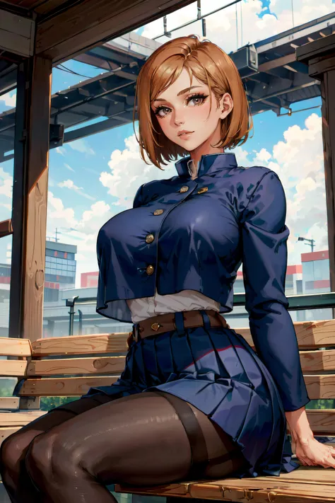 (masterpiece, best quality, ultra detailed, absurdres)1.5, 1girl, (sexy, beautiful woman, perfect face, perfect eyes, perfect female body, huge breasts)1.5, (nobara kugisaki, bob cut, brown hair, lips, short hair, belt, brown belt, brown pantyhose, crop top, crop top overhang, JUJUTSU TECH UNIFORM, jacket, gakuran, pantyhose, pleated skirt, shirt tucked in, skirt, blue skirt, blue crop top, loafers, <lora:Kugisaki_Nobara:0.8>), (sitting, bench, Japanese train station, Japanese city in background, shopping bag), perfect lighting, smooth, hdr