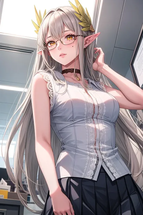 (masterpiece, best quality, ), Two-shot, from below,
BREAK
<lora:add_detail:0.5>, <lora:muelsyse_arknights:0.85>, (muelsyse_arknights:0.9), long_hair, pointy_ears, bangs, yellow_eyes, very_long_hair, brown_hair, mole, mole_under_eye,
BREAK
medium breasts,
BREAK
(lace-trimmed shirt, sleeveless, , office lady, pleated skirt, :1.5),
BREAK
lips, , , (lace choker, , glasses),
BREAK
grimace, posing, The ethereal beauty of a full moon over the ocean,