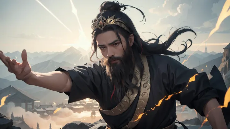 exposed,cleavag,chinese long beard, (color) beard (e.g. red beard, black beard, golden beard, white beard),man,1boy,
glowing lines,(dramatic angle, dynamic pose),
(There are countless divine swords floating in the air beside you),
DragonPatterns, TaiChidiagrams, RadialPatterns,Ribbons,Silk,Ribbons,CrossLegged,
flowy costumes, flowy headpieces, flowy gowns,
epic realistic, (motion blur), realistic, 3d Model,
(look viewer:1),
action1(lie_down:1),
action2(impact:1)
(floating colorful lightning:1),
(floating_glowing colorful pentagram:1),
(floating_glowing colorful Animals:1),
(floating_glowing colorful LingxiaoPalace:1),
(floating_glowing colorful flowers:1),
<lora:Chinese_Long_Beard_v2-000002:0.5> <lora:locsChinaLandscapes_locsChinaLandscapes:0.25> ,chinese, mountains, glowing temple, mountains in front, epic composition