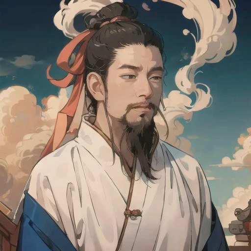masterpiece, best quality, extremely detailed CG,Zen atmosphere, anime screencap, long beard, 1 boy, Daoist uniform, long sleeves, portrait,Touji, solo, Chinese long beard, <lora:Chinese_Long_Beard_v2-000002:0.5>, <lora:xuanxue_v2.0:0.4>. ribbon, cloud, smoke, sky,