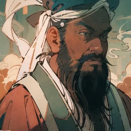 masterpiece, traditional_media, best quality, realistic, extremely detailed CG ,long beard, 1 boy,  Daoist uniform,  long sleeves, portrait,  solo, Chinese long beard, ribbon, cloud, smoke, sky,[dark-skinned male:0.4],Touji, <lora:Chinese_Long_Beard_v2-000002:0.3>, <lora:xuanxue_v2.0:0.6>