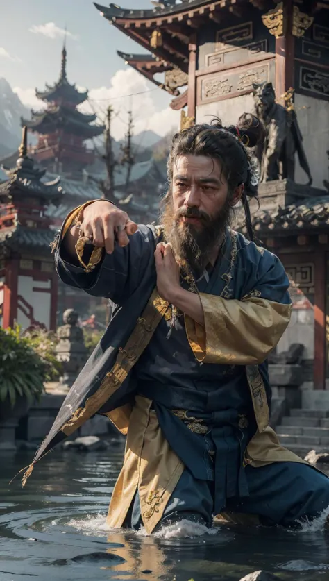 best quality, masterpiece, (photorealistic:1.2),intricate details,raw photo, photon rendering, octane render, absurdres, ultra detailed, detailed face, detailed skin, trending on artstation,8k masterpiece, epic composition, sky as background, <lora:Chinese_Long_Beard_v2-000002:0.45>, (chinese long beard:1.3), (black beard:1.4), <lora:locsChinaLandscapes_locsChinaLandscapes:1> chinese, mountains, ancient chinese style landscape painting, mountains in front, beautiful winding green river behind, extremely sharp old paper detail, high paper detail, high line detail, high resolution, ultra high quality, raw, 8k image, extremely high color detail, intricate, epic composition, cinematic lighting, masterpiece, bold complimentary colors. stunning masterfully illustrated by artgerm and range chinese style landscape painting, yellow paper color, painted with black and white ink, artstation, sergey svistunov, hyperrealistic, fog,
