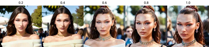 piercing eyes, looking straight, a 20 year old cute BellaHadid,wearing an off-shoulder sweater, choker, closeup portrait, in a outdoor cafe in 2015, afternoon light,  <lora:BellaHadid:0.2>