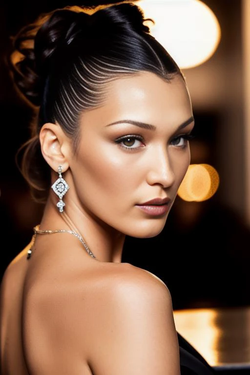 portrait photo of BellaHadid beautiful woman hair updo upsweep nightclub sitting at bar (masterpiece) (best quality) (detailed) (8k) (HDR) (wallpaper) (cinematic lighting) (sharp focus) (intricate) <lora:BellaHadid:1.0>