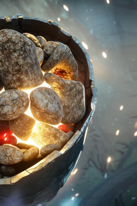 an concept art of alchemic element - Golem Heartstone: A dark gemstone with a pulsating red core, believed to be the heart of an ancient stone golem. on table, rim lights, digital art, focus on subject, duch angle, clsoe shot, closeup, focus on material and structure, masterpiece