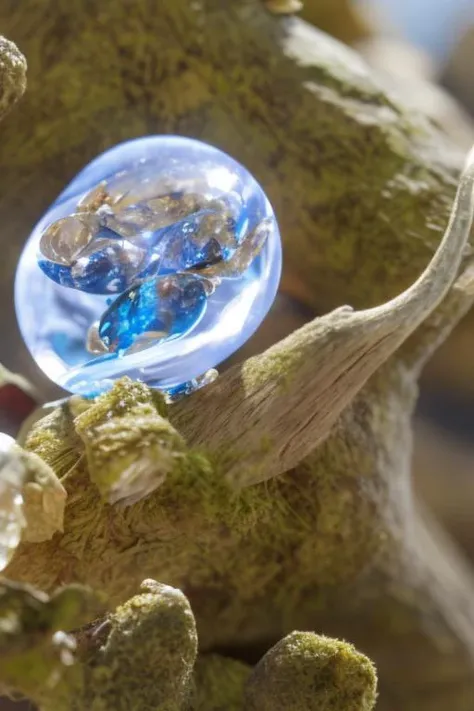 an concept art of alchemic element - Nymph's Tear Quartz: A clear quartz gemstone with a single, pure blue tear-like inclusion, said to be shed by a nymph. on table, rim lights, digital art, focus on subject, duch angle, clsoe shot, closeup, focus on material and structure, masterpiece