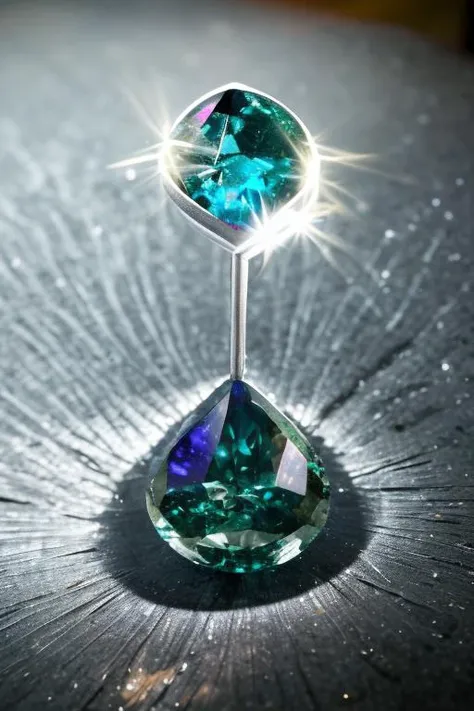 an concept art of alchemic element - Siren's Tear Diamond: A diamond with a unique multi-faceted cut, reflecting a myriad of colors, believed to be formed from a tear of the Siren. on table, rim lights, digital art, focus on subject, duch angle, clsoe shot, closeup, focus on material and structure, masterpiece