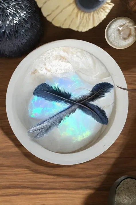 an concept art of alchemic element - Harpy's Feather Opal: A gemstone with a shimmering, iridescent appearance, believed to be a feather from a harpy's wing turned to stone. on table, rim lights, digital art, focus on subject, duch angle, clsoe shot, closeup, focus on material and structure, masterpiece