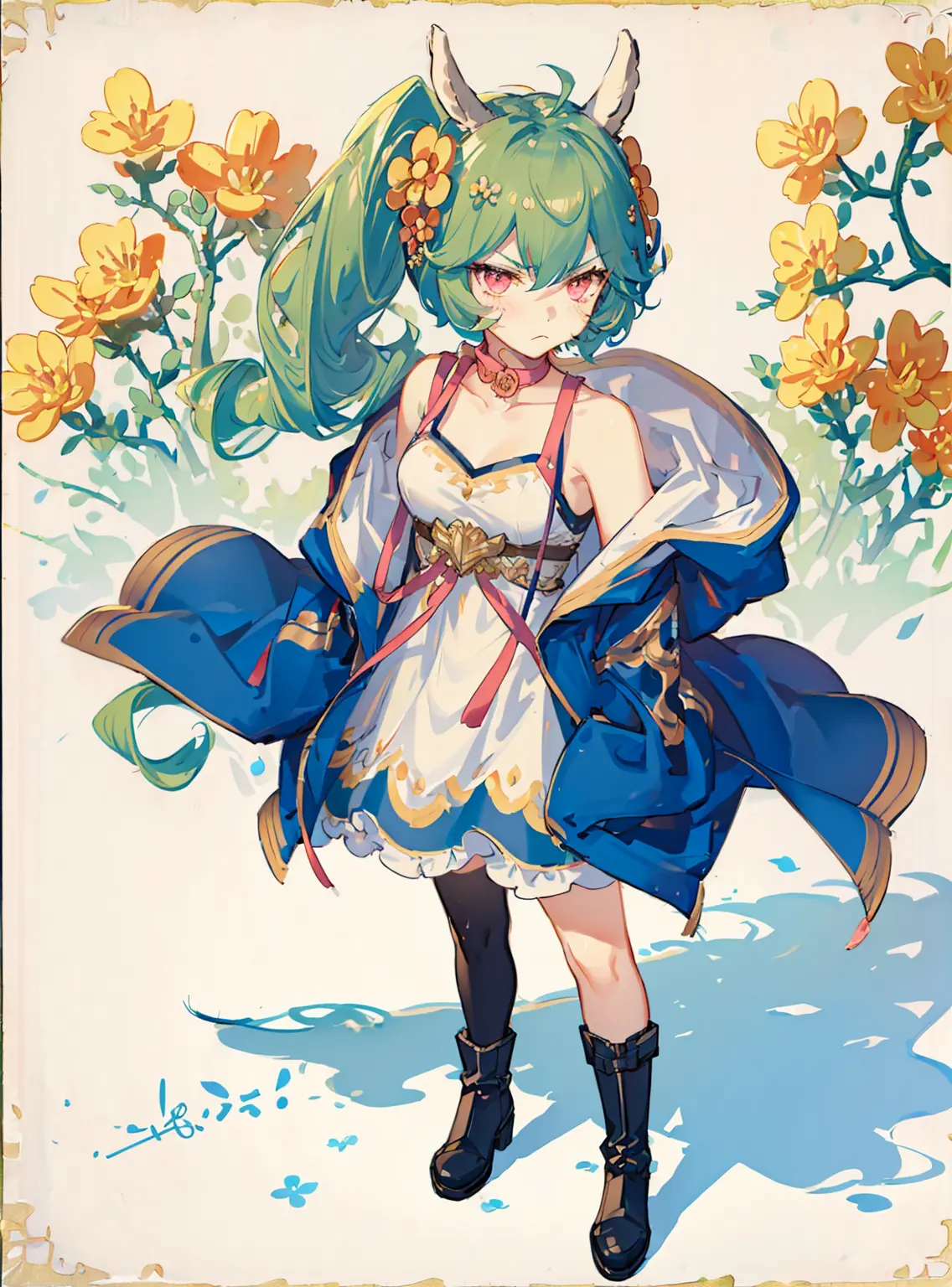 hair between eyes, open clothes, looking at viewer,1girl, ((:< )), ,annoyed,closed mouth,(blush),, open jacket, Best Shadows, ,, , Lovely Small Breasts, , , Slim Waist,, in flower field, Standing, (Highest Quality, Amazing Details:1.25), (Solo:1.3), ,,flower, alpaca ears, , pink eyes, side ponytail, hair ornament, green hair, single thighhigh, black thighhigh, boots, black gloves, fingerless gloves, ((dress)), holding, holding flower, <lora:mayreel-05:1>