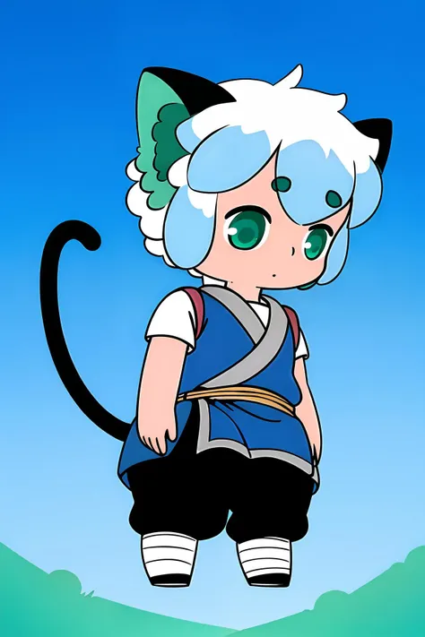 LuoXiaoHei, cat boy, (white hair), black tail, animal ears, green eyes, cat ears, aqua eyes, solo, 1boy, eyebrows visible through hair,
full body, chibi, short sleeves, pants, vest,
exquisite and exquisite, fairy tale, incredible high details, pixar style, bright color, natural light, solid color simple background, ctane rendering,
gorgeous, ultra clear details, 8K, hd realistic, 8K hd realistic,