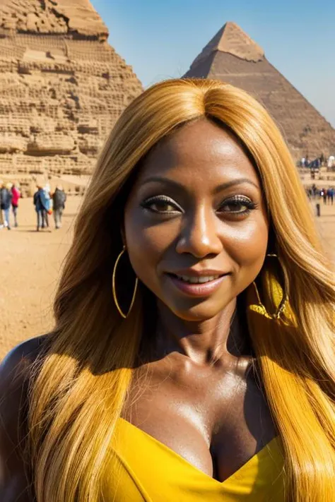 HD photo of beautiful mshn_diamondjackson with bright yellow hair at the giza pyramids, closeup