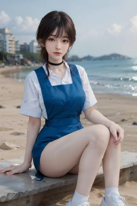 1girl with pretty face and black short hair, airy bangs, wearing black thin choker and blue uniform, hair clips and white shoes, slender, long legs, beautiful beach, seaside, best quality, masterpiece, ultra high res, (photorealistic:1.4), raw photo <lora:msu3:0.7> <lora:asianGirlsFace_v1:0.3> <lora:Oriental_Beauty_2:0.3> <lora:tangbohu_blurbg_v2:2>