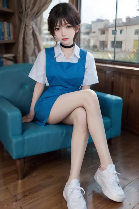 1girl with pretty face and black short hair, airy bangs, wearing black thin choker and blue uniform, hair clips and white shoes, slender, long legs, inside bookstore, kinokuniya, best quality, masterpiece, ultra high res, (photorealistic:1.4), raw photo <lora:msu3:0.8> <lora:asianGirlsFace_v1:0.3> <lora:Oriental_Beauty_2:0.3> <lora:tangbohu_blurbg_v2:2>