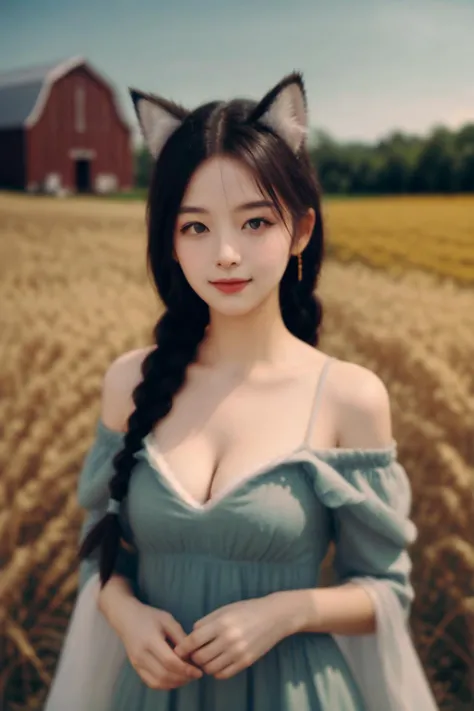 young 1girl with braided hair and fluffy cat ears, dressed in Off-Shoulder Sundress, standing in a rustic farm setting. She has a soft, gentle smile, expressive eyes and sexy cleavage. The background features a charming barn, fields of golden wheat, and a clear blue sky. The composition should be bathed in the warm, golden hour light, with a gentle depth of field and soft bokeh to accentuate the pastoral serenity. Capture the image as if it were taken on an old-school 35mm film for added charm, looking at viewer, <lora:tangbohu_blurbg_v2:4> <lora:FujiFP100cNegative:1>