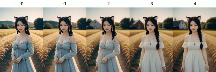 young 1girl with braided hair and fluffy cat ears, dressed in Off-Shoulder Sundress, standing in a rustic farm setting. She has a soft, gentle smile, expressive eyes and sexy cleavage. The background features a charming barn, fields of golden wheat, and a clear blue sky. The composition should be bathed in the warm, golden hour light, with a gentle depth of field and soft bokeh to accentuate the pastoral serenity. Capture the image as if it were taken on an old-school 35mm film for added charm, looking at viewer, <lora:tangbohu_blurbg_v2:0> <lora:FujiFP100cNegative:1>