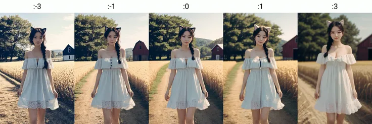 young 1girl with braided hair and fluffy cat ears, dressed in Off-Shoulder Sundress, standing in a rustic farm setting. She has a soft, gentle smile, expressive eyes and sexy cleavage. The background features a charming barn, fields of golden wheat, and a clear blue sky. The composition should be bathed in the warm, golden hour light, with a gentle depth of field and soft bokeh to accentuate the pastoral serenity. Capture the image as if it were taken on an old-school 35mm film for added charm, looking at viewer, <lora:tangbohu_blurbg_v2:-3> <lora:FujiFP100cNegative:1>