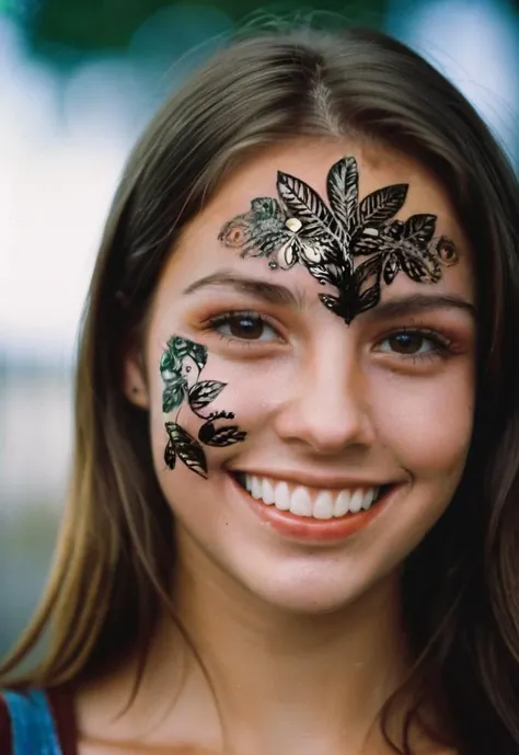 closeup portrait photo of a young woman smiles. style (Artistic painted face makeup with dark filigree leaves). (makeup all over the face:1.4).