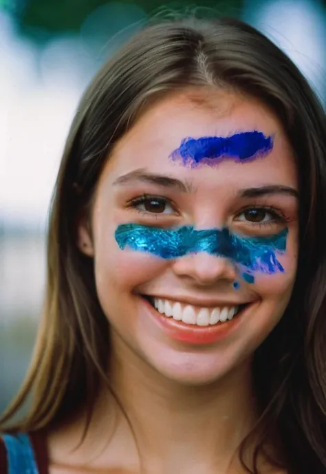 closeup portrait photo of a young woman smiles. style (Artistic painted face makeup blue smeared colores). (makeup all over the face:1.4).