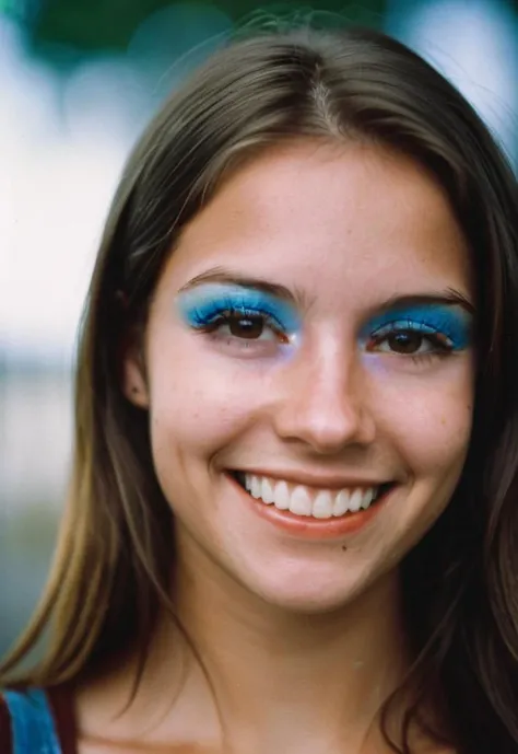 closeup portrait photo of a young woman smiles. makeup (blue eye shadow:2).