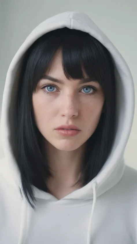 Photograph of a beautiful woman with a pouty face and puffy cheeks, lightly freckled face, light blue eyes, layered black hair with blunt bangs, wearing a white hoodie, in a white room, head-shot, gorgeous color grading, natural light, shot with an Olympus OM-1