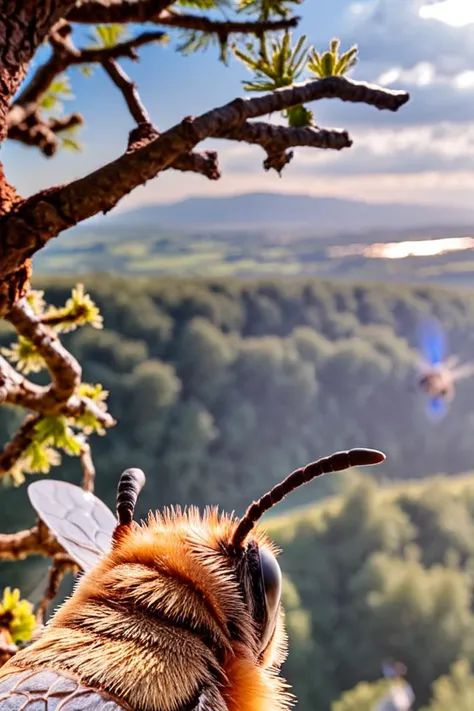 <lora:HeadPOV_from_behind_vk1-000018:1.75> a close pov photo (shot in the point of view from the back of the head of a bee:1.3) in the top of a very (tall tree:1.2) the (sky:1.2), (clouds above, far away:1.2), fluffy, white, wings, direct sunlight, lens flare, warm colors, leafs blown by a (strong wind:1.2), <lora:volumetric lighting:0> <lora:dAIversityUnderstandingXLRealistic:0>, natural lighting, 4k uhd, dslr, soft lighting, high quality, Fujifilm XT3