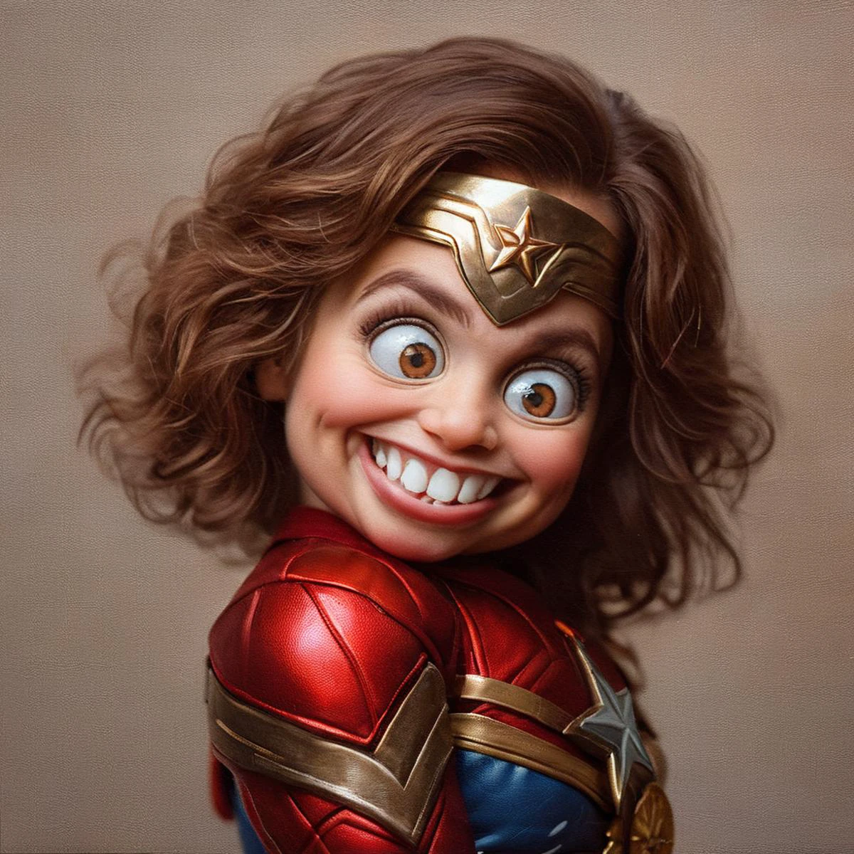 cinematic film still realistic, detailed, textured oil painting of a wacky 3 Marvel Wonder Woman with googly eyes, horse teeth, silly smile, gangster, grimacing, cartoon style, in the style of Anne Geddes. neutral background. made of ral-drp <lora:ral-drp:1> . shallow depth of field, vignette, highly detailed, high budget, bokeh, cinemascope, moody, epic, gorgeous, film grain, grainy