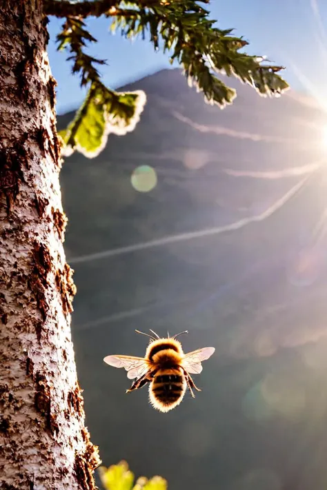 <lora:HeadPOV_from_behind_vk1-000018:1.2> a photo shot in the point of view from the back of the head of a bee in the top of a very (tall tree:1.2) the (sky:1.2), clouds, fluffy, white, direct sunlight, lens flare, warm colors, <lora:volumetric lighting:0.25> Volumetric Lighting Style, natural lighting, 4k uhd, dslr, soft lighting, high quality, Fujifilm XT3