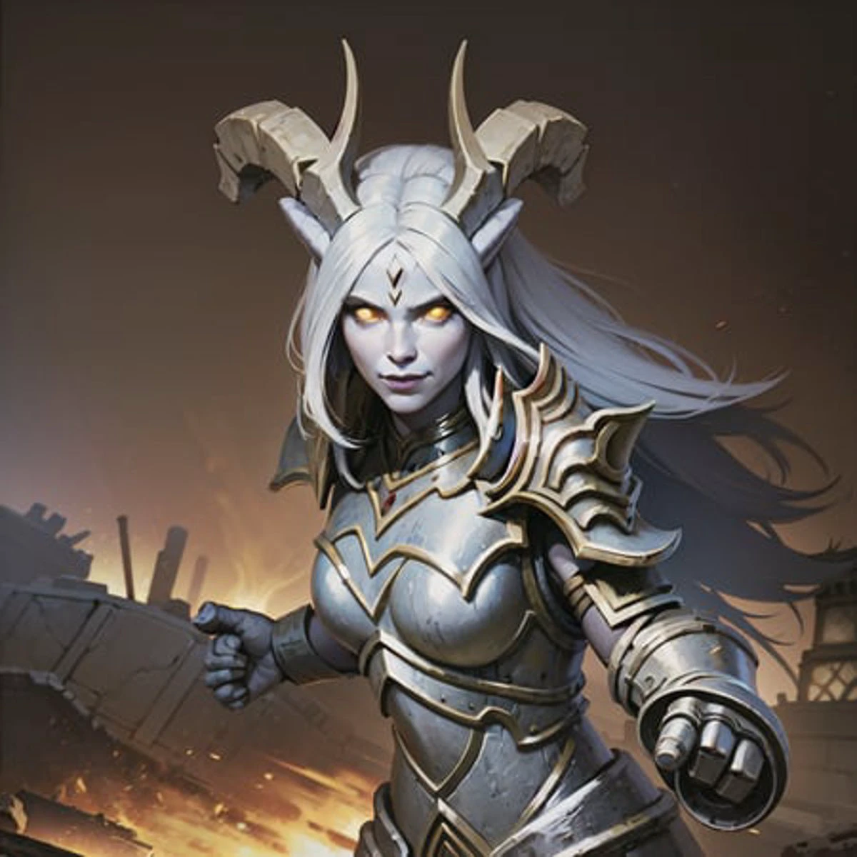 1girl, upperbody portrait of Shaedra paladin, smile, horns, grey skin, glowing yellow eyes, battle stance, fighting stance, heavy armor, pauldrons, athletic, temple indoors,
volumetric lighting, best quality, masterpiece, realistic, <lora:sxzDraeneiWarcraft_sxzDraenei:0.8> <lora:epiNoiseoffset_v2:1>