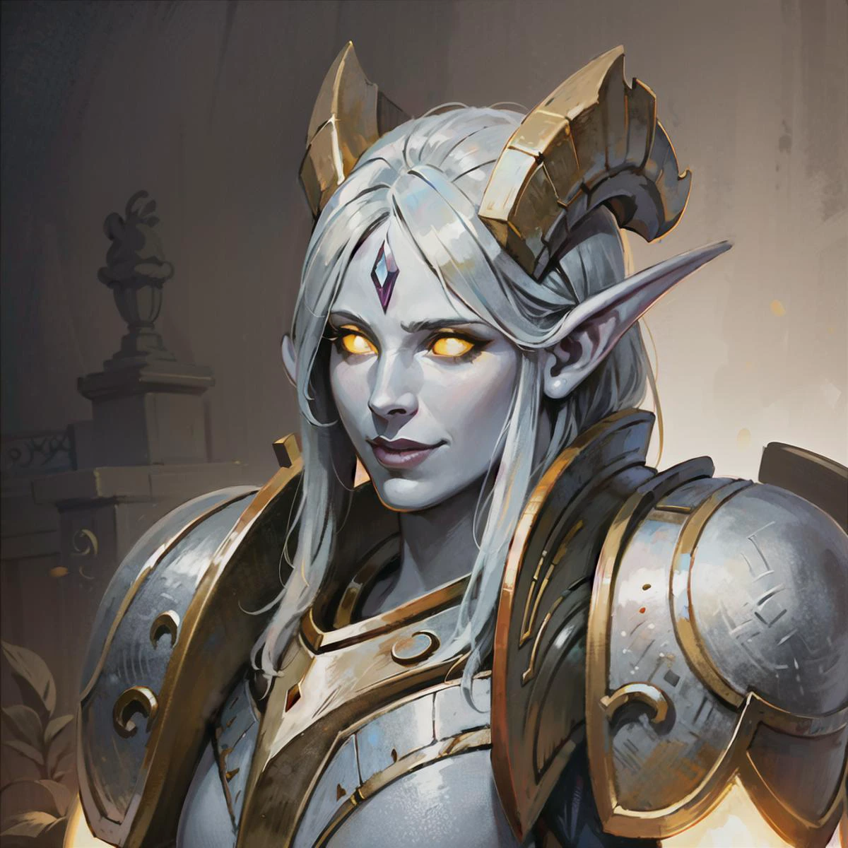 1girl, upperbody portrait of Shaedra paladin, smile, horns, grey skin, glowing yellow eyes, heavy armor, pauldrons, athletic, temple indoors, volumetric lighting, best quality, masterpiece, realistic, <lora:sxzDraeneiWarcraft_sxzDraenei:0.8> <lora:epiNoiseoffset_v2:1>