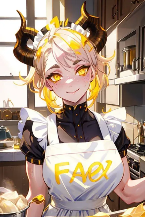 a closeup portrait of a playful shedrn maid, horns, grey skin, glowing yellow eyes, undercut hair, white apron, amazing body, pronounced feminine feature, kitchen, [ash blonde | ginger | pink hair], freckles:0.8, flirting with camera, volumetric lighting, best quality, masterpiece, realistic <lora:Theme_wowDraenei-sxz:0.7>