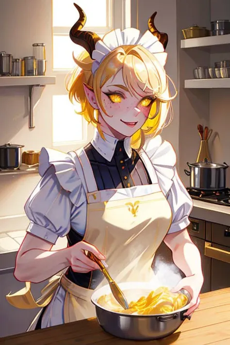 a closeup portrait of a playful shedrn maid, horns, grey skin, glowing yellow eyes, undercut hair, white apron, amazing body, pronounced feminine feature, kitchen, [ash blonde | ginger | pink hair], freckles:0.8, flirting with camera, volumetric lighting, best quality, masterpiece, realistic <lora:Theme_wowDraenei-sxz:0.7>