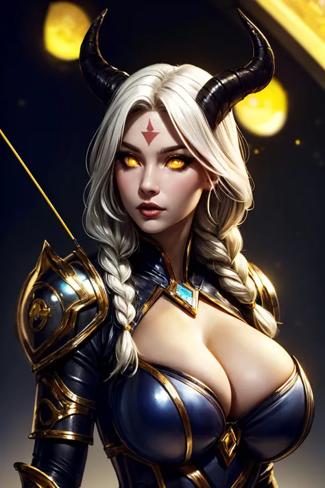 (ultra realistic,32k,RAW photo:1.1),(high detailed skin:1.1), 8k uhd, dslr, high quality, film grain, (makeup, mascara:1.1), lips,(thick\lips\),
(shiny glossy translucent clothing:1.1), <lora:sxz-worgen:0.7>shedrn, horns, armored dress, cleavage, glowing yellow eyes, white hair, braid, grey skin, facial mark, <lora:add_detail:0.91>, huge breast,
Mimicking shooting an arrow, (upper body:1.1)
(busty:1.1) , (chubby:0.1),(bioluminiscent:1.2),<lora:LowRA:0.4>, dark theme, A space station with many technological resources and many drawers