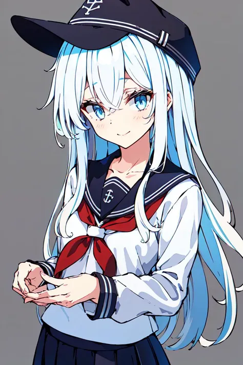 <lora:koomoi11:1>1girl, solo, long hair, white hair, hibiki (kancolle), school uniform, serafuku, neckerchief, sailor collar, blue eyes, smile, black sailor collar, long sleeves, hair between eyes, skirt, simple background, black skirt, closed mouth, blush, collarbone, upper body, pleated skirt, red neckerchief