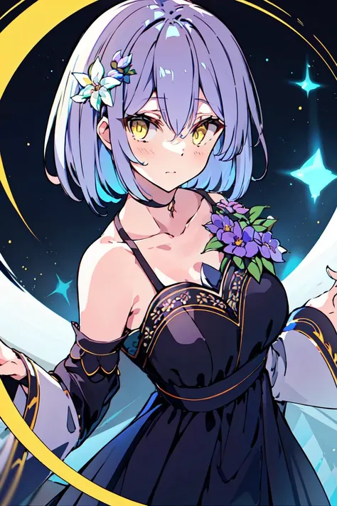 <lora:koomoi11:1>1girl, solo, yellow eyes, dress, holding, collarbone, looking at viewer, flower, crystal, hair between eyes, holding flower, bare shoulders, short hair, bangs, black dress, breasts, closed mouth, wide sleeves