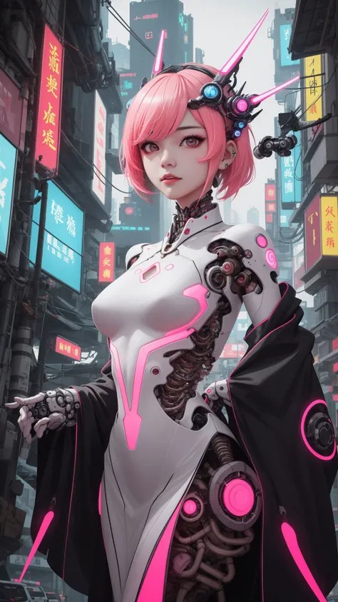 chinese clothes,neon,1 girl,chinese clothes,in white and pink,cyberpunk city,dynamic pose,headdress,hair ornament,cyberpunk,a high-tech city,full of machinery and futuristic element,futurism,technology,outdoors,standing,short hair,(portrait:1.1),china dress,<lora:translucent_skin:0.7>,translucent skin,mechanical,