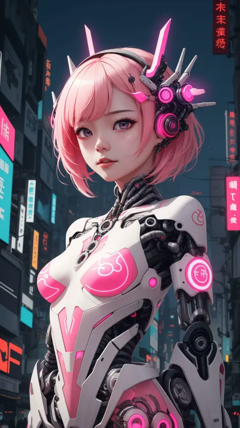 chinese clothes,neon,1 girl,chinese clothes,in white and pink,cyberpunk city,dynamic pose,headdress,hair ornament,cyberpunk,a high-tech city,full of machinery and futuristic element,futurism,technology,outdoors,standing,short hair,(portrait:1.1),china dress,<lora:translucent_skin:0.8>,translucent skin,mechanical,