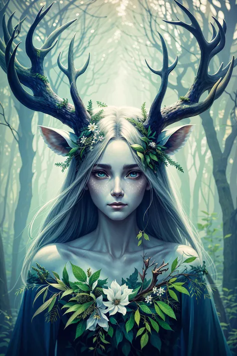 (ghost of the forest) by Anna Dittmann, deer antlers, leaves, forest background, digital art, horror, trending on artstation, anime arts, featured on Pixiv, HD, 8K <lora:translucentSkin_v10:1>